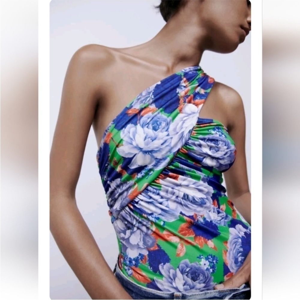 NWT Zara Bright Blue Floral Asymmetrical Bodysuit